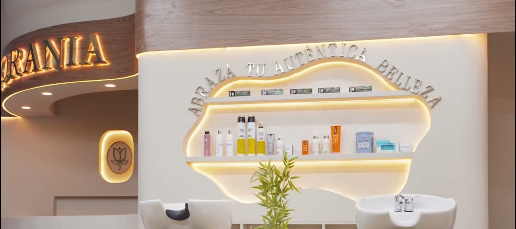 Interior del salón MORANIA: estaciones de estilismo, luz natural y ambiente sereno